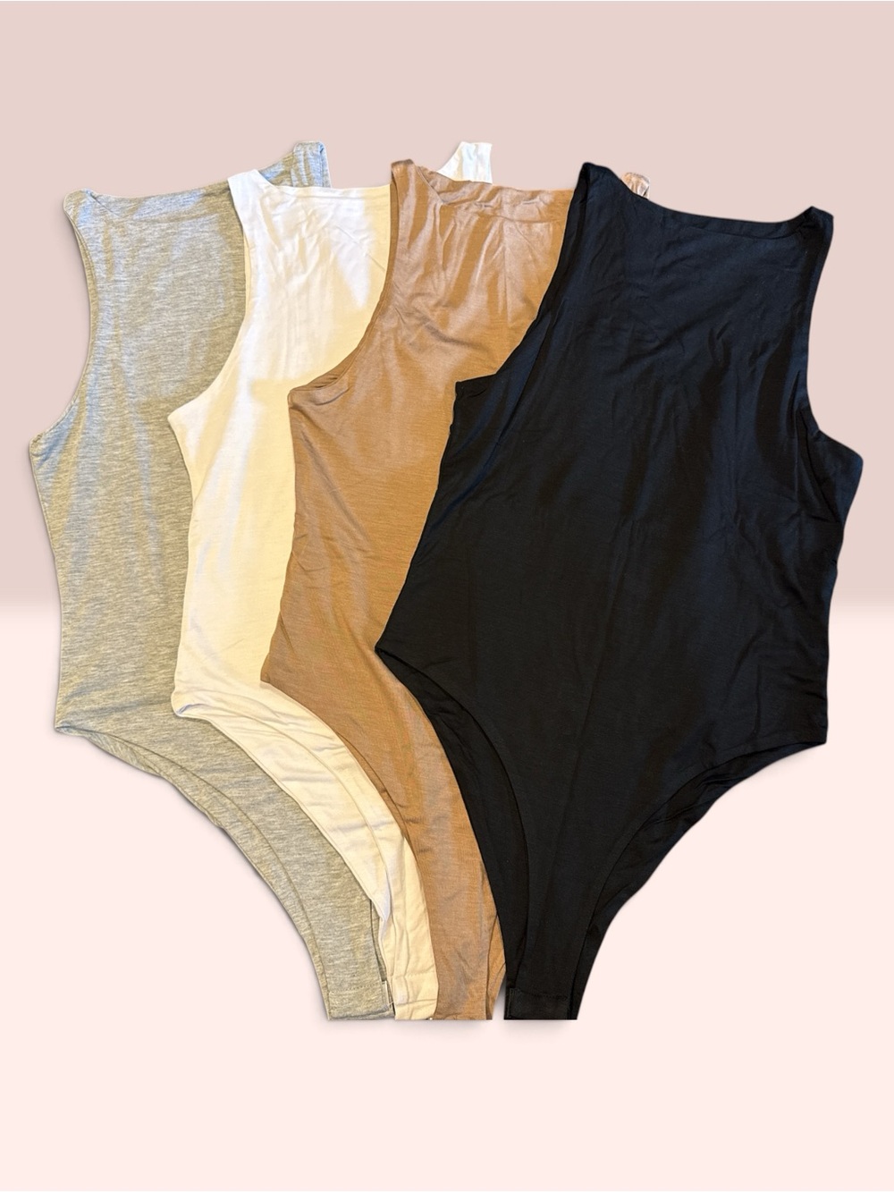NWOT Sleeveless High-Cut Bodysuit Bundle — Black, White, Taupe, and Gray